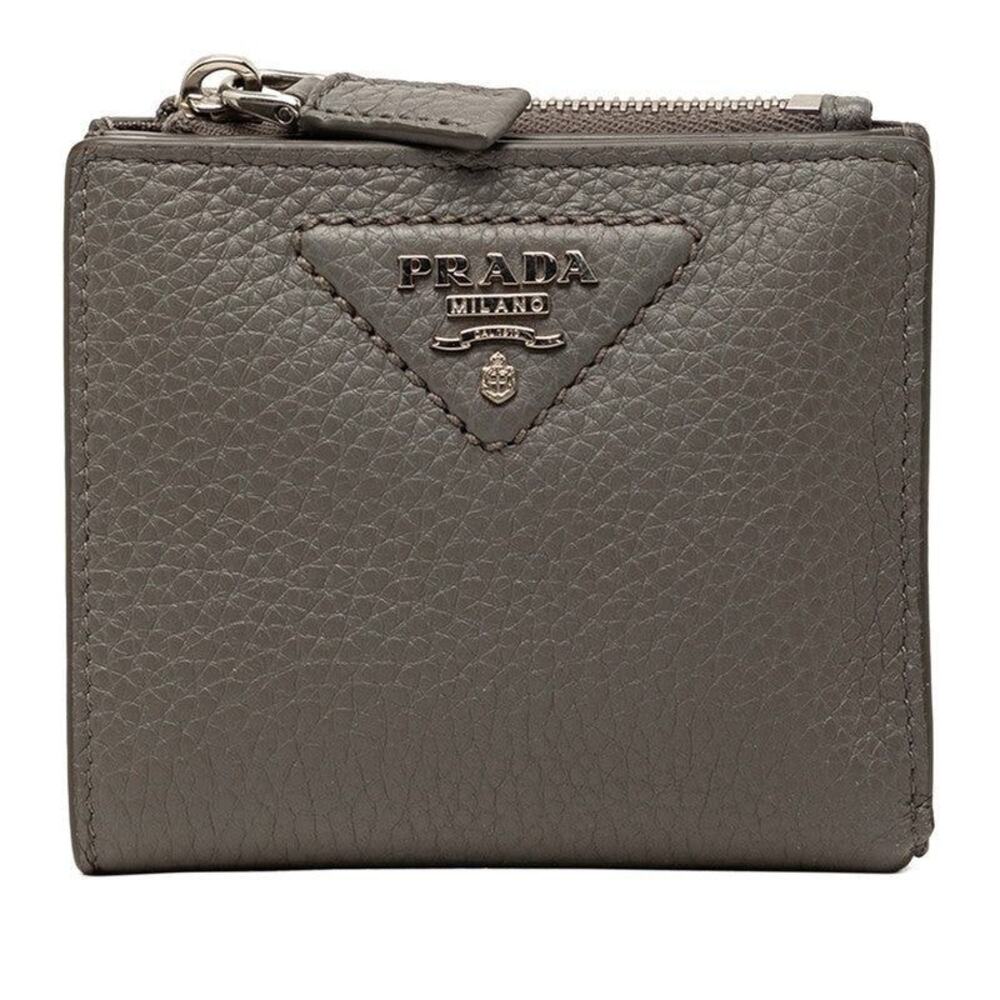 Prada Leather Triangle Logo Bifold Compact Wallet Vitello Daino Gray